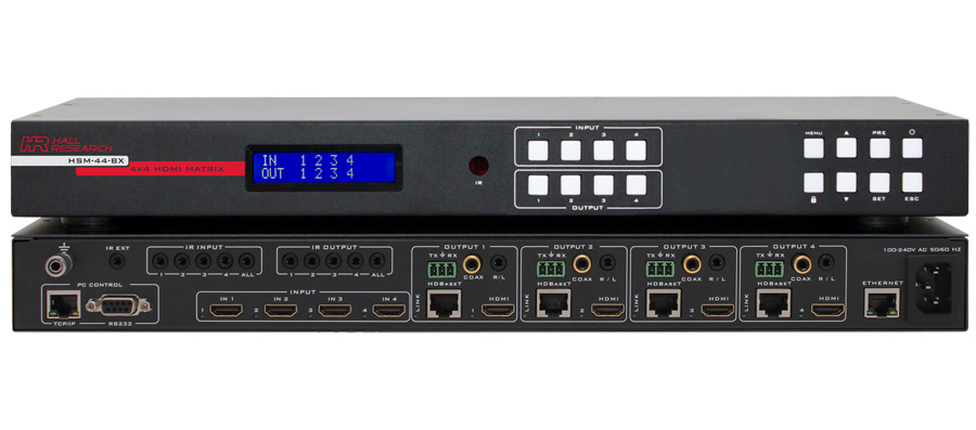 Hall HSM-44-BX 4K 4X4 HDMI Matrix Switch w/ HDMI & HDBaseT outputs