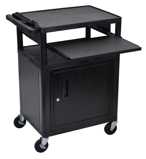 Luxor Endura Black 3 Shelf Presentation Cart w/ Cabinet & Pullout Shelf