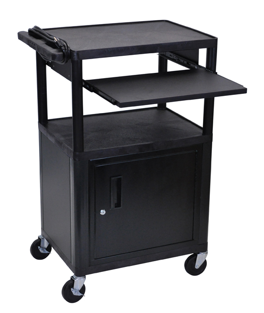 Luxor Endura Black 3-Shelf Presentation Cart w/ Cabinet & Pullout Shelf